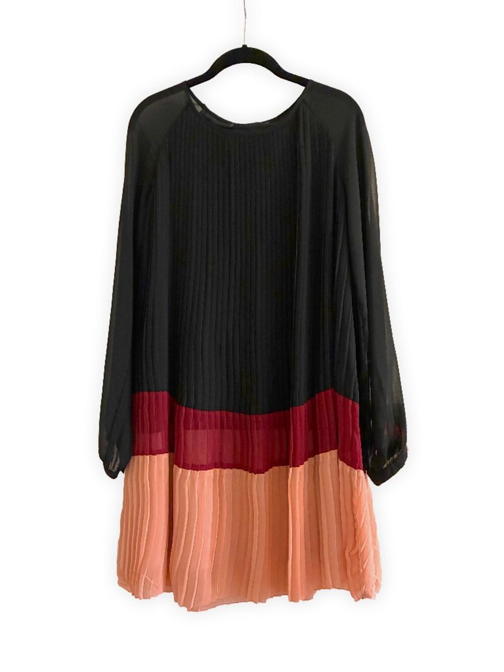 Vertigo Paris Colorblock Black/Merlo/Muted Clay Pleated Dress with Sheer Sleeves
